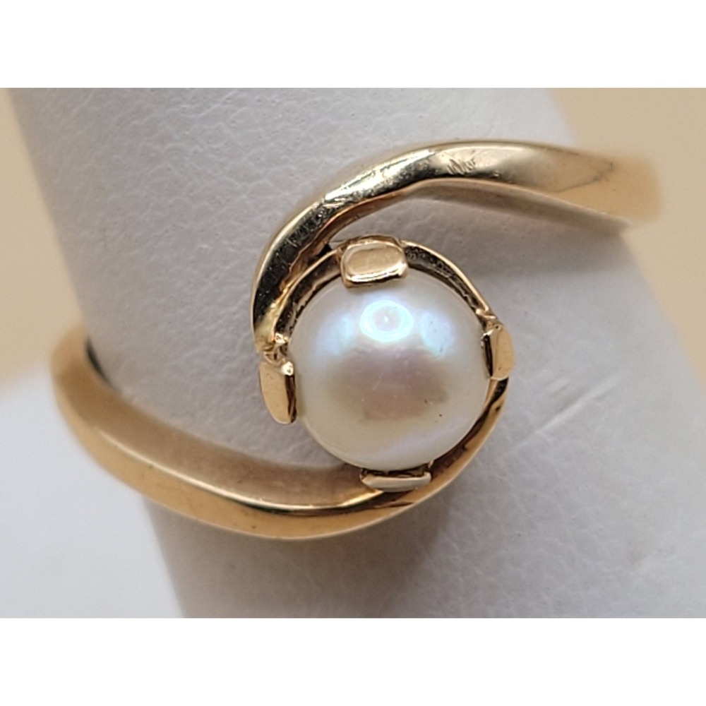 Vintage SJD 10K Yellow Gold Cultured Pearl Bypass Swirl Ring 3.47g Size 7.25